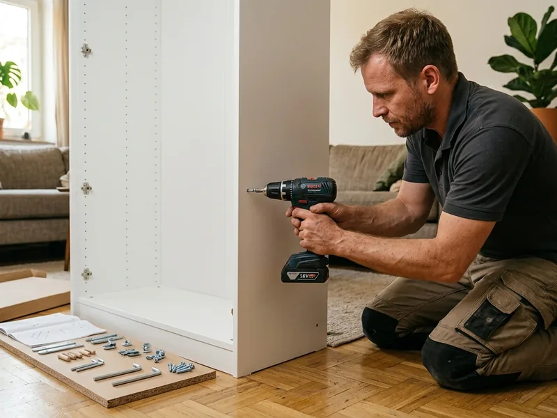 Möbelmontage: Schrank wird mit Akkuschrauber zusammengebaut